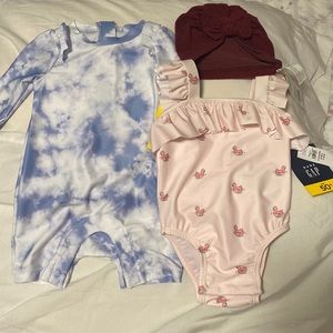 **Brand New** Gap Swimsuit in 6-12months with Brand New Cat & Jack Turban.